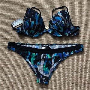 Just Cavalli Blue and Black Bikini Set with Artistic Flair